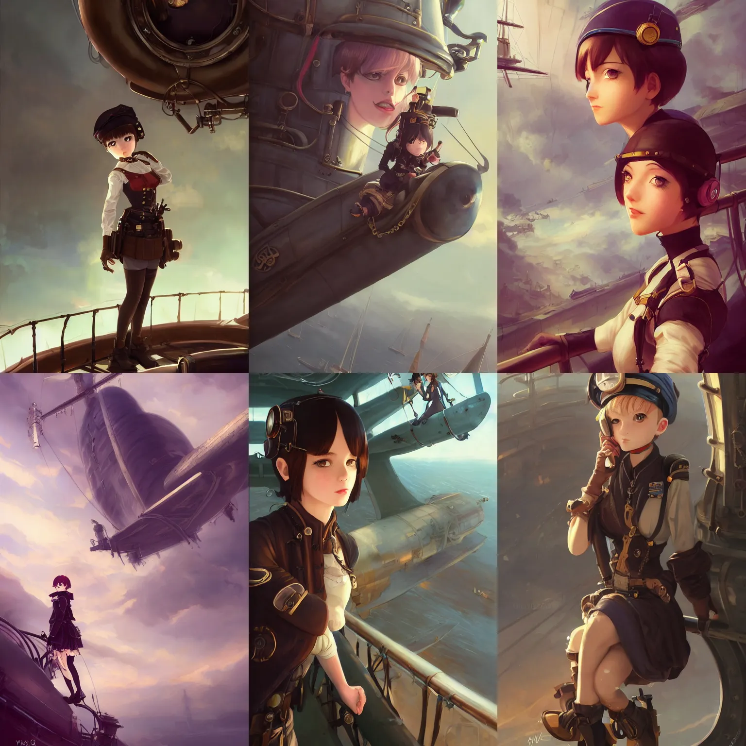 Prompt: a portrait of a cute female air pirate with black bob cut hair leaning against the railing of an airship, steampunk setting, gears, steam, mist, vivid colors, soft lighting, atmospheric, cinematic, moody, in the style of Ilya Kuvshinov and Range Murata, Krenz Cushart, oil on canvas, 8k