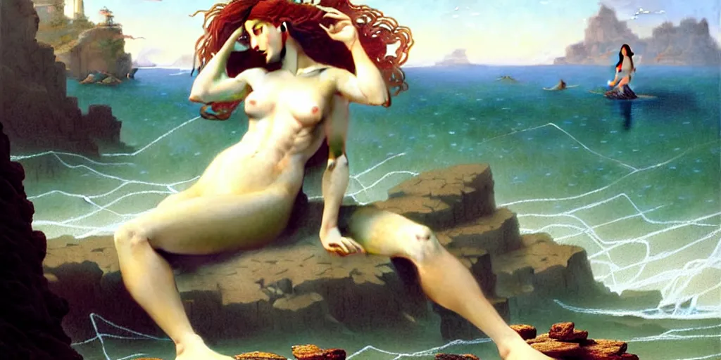 Prompt: ! dream long shot of big sun rough sea and jagged rocks with a beautiful mermaid sits on a rock surrouded by nets, plastic bottles, garbage, sand and sea, golden hour, fantasy, hyper realistic, art by artgerm and greg rutkowski and william - adolphe bouguereau environmental