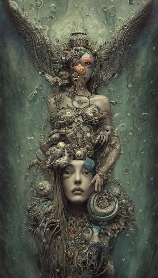 Image similar to wet plate photography of goddess with one wing reaching infinity and hungry souls around surrealistic intricate face, broken parts by klimt, artificial nightmares drawn by peter mohrbacher, zdzisław beksinski and thu berchs james gurney unreal engine octane, trending on artstation.