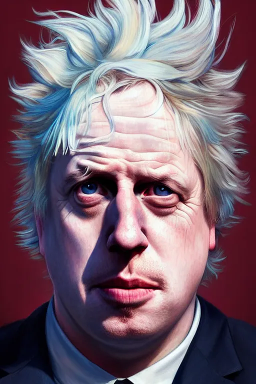 Image similar to Boris Johnson as Rick Sanchez, realistic portrait, symmetrical, highly detailed, digital painting, artstation, concept art, smooth, sharp focus, illustration, cinematic lighting, art by artgerm and greg rutkowski and alphonse mucha