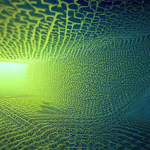 Image similar to highly detailed 3 d rendering in octane and vray of slime mold made of cellular automata according to golden ratio pattern floating in space. beautiful mystical lighting, mist, sigma 2 4 mm