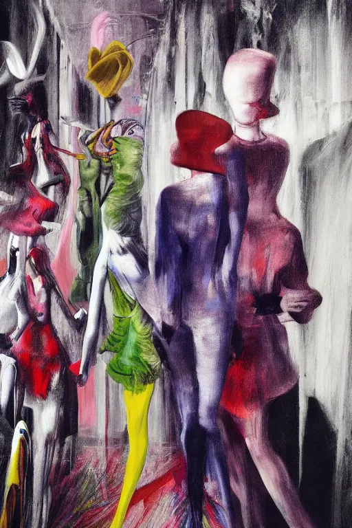 Image similar to crazy fashion catwalk, hauntingly surreal, highly detailed painting by francis bacon, edward hopper, adrian ghenie, gerhard richter, and james jean soft light 4 k,