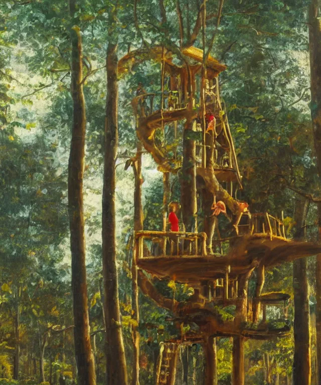 Image similar to masterful oil on canvas painting, eye - level view, shot from 5 0 feet distance, of a kid playing in a treehouse. in the background is a whimsical forest. golden hour, detailed, depth, volume, chiaroscuro, quiet intensity, vivid color palette.