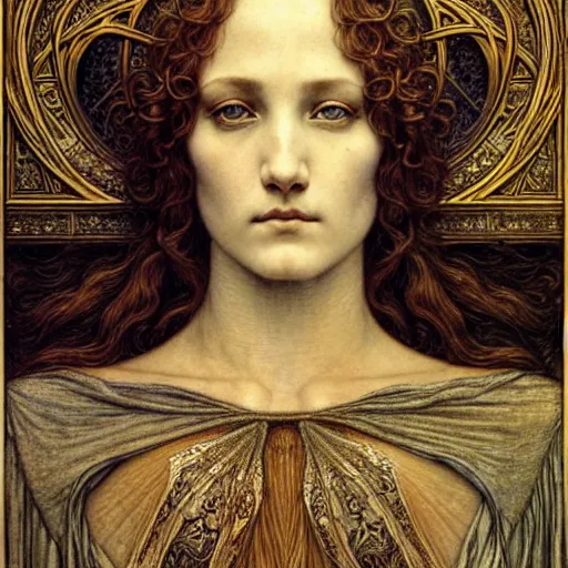 Image similar to detailed realistic beautiful young medieval queen face portrait by jean delville, gustave dore and marco mazzoni, art nouveau, symbolist, visionary, gothic, pre - raphaelite. horizontal symmetry