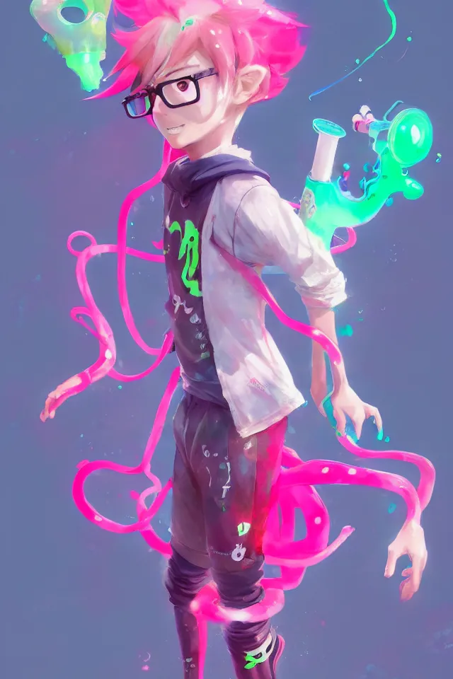 Image similar to a beautiful fullbody portrait of a cute splatoon anime boy with pink hair and green eyes wearing sports clothing tight leggings. character design by cory loftis, fenghua zhong, ryohei hase, ismail inceoglu and ruan jia. artstation, volumetric light, detailed, photorealistic, fantasy, rendered in octane