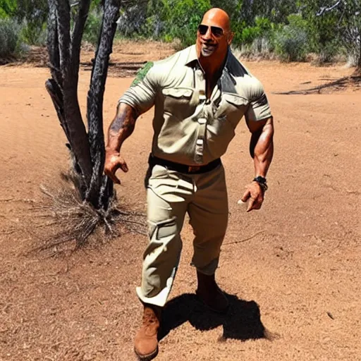 Image similar to kangaroo dwayne johnson, wearing a safari outfit