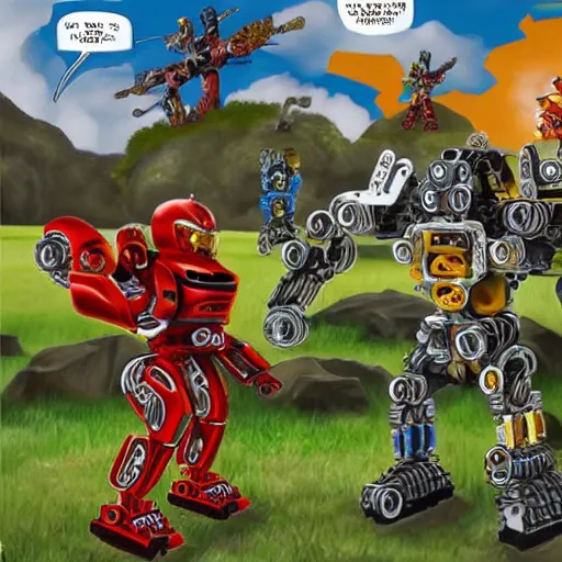 Image similar to bionicles fight to the death at gettysburg american gothic style