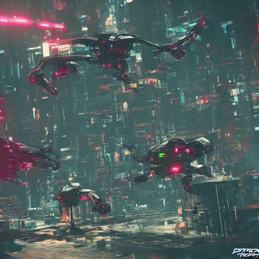 Image similar to evil cyberdrone, punkdrone, looming drone, hovering drone, deadly drone, Cyberpunk 2077. CP2077. 3840 x 2160