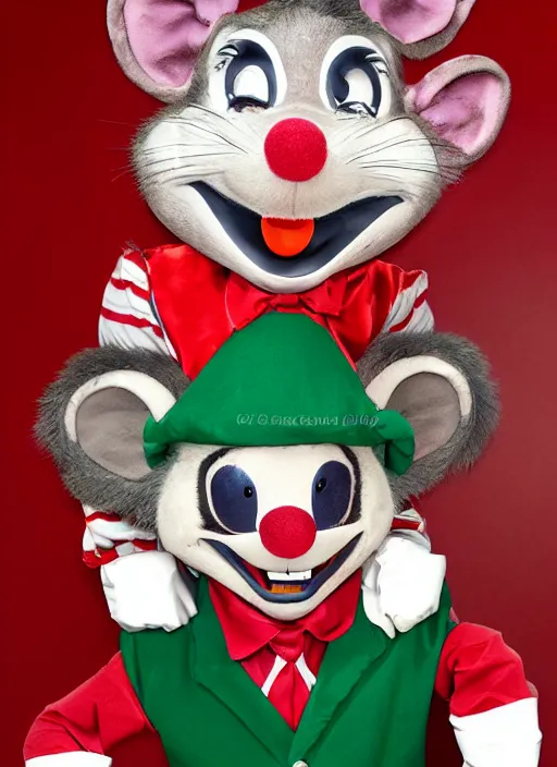 Image similar to Chuck E. Cheese mascot low quality 2007 circus portrait of an anthropomorphic rat animatronic dressed like a clown, professional portrait, official photo, camera flash, dimly lit, Chuck E. Cheese head, authentic, mouse, costume weird creepy, off putting, nightmare fuel, Chuck E. Cheese