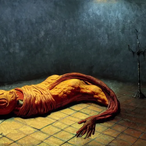 Prompt: wide angle shot of a black man with long curly hair, wearing fire glasses, mummified in bandages, lying in a golden sarcophagus on display in a museum, fantasy painting by greg rutkowski and zdzisław beksinski and van gogh