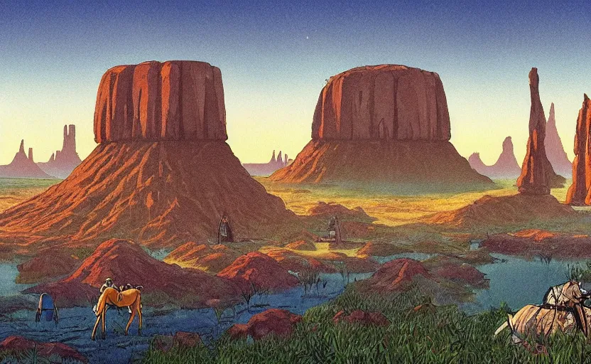 Image similar to a realistic cell - shaded studio ghibli concept art from paprika ( 2 0 0 6 ) of a cubic multi - colored rocketship from close encounters of the third kind ( 1 9 7 7 ) in a flooded monument valley stonehenge jungle jungle on a misty starry night. a camel caravan is in the foreground. very dull colors, portal, hd, 4 k, hq