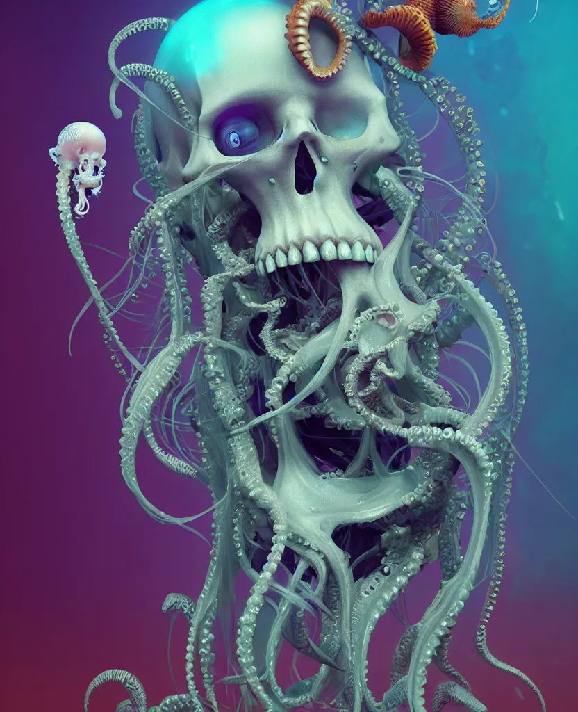 Prompt: goddess close-up portrait human skeleton, ram skull,octopus, jellyfish, orchid, betta fish, bioluminiscent, intricate artwork by Tooth Wu and wlop and beeple. octane render, trending on artstation, greg rutkowski very coherent symmetrical artwork. cinematic, hyper realism, high detail, octane render, 8k