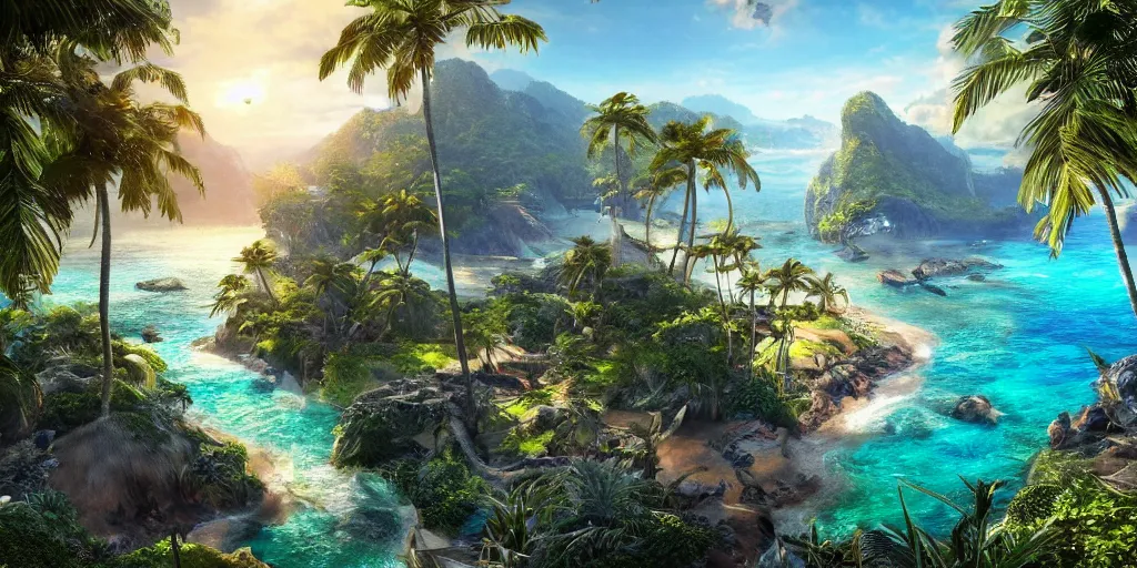 Image similar to a hyper realistic professional photographic view picture of a tropical island, photographic filter unreal engine 5 realistic hyperdetailed 8k ultradetail cinematic concept art volumetric lighting, fantasy artwork, very beautiful scenery, very realistic painting effect, hd, hdr, cinematic 4k wallpaper, 8k, ultra detailed, high resolution, artstation trending on artstation in the style of Albert Dros glowing rich colors powerful imagery nasa footage drone footage drone photography