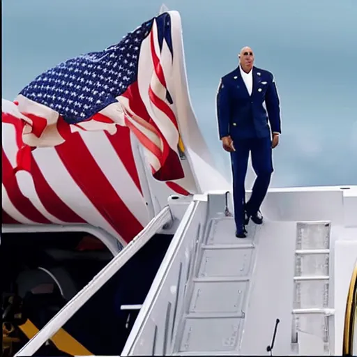 Prompt: dwayne johnson as president of the united states walking down the steps of air force one. photorealistic.