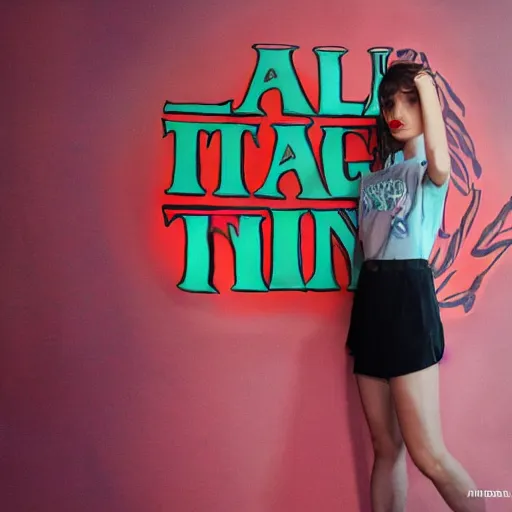 Image similar to full body painting of the stranger things logo on a beautiful fashion model