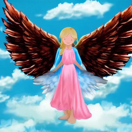 Image similar to bright blu sky. fluffy clouds. angels with big wings wake - up