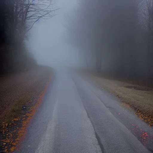 Image similar to mist, there\'s a shadowy figure on the road it has red glowing eyes