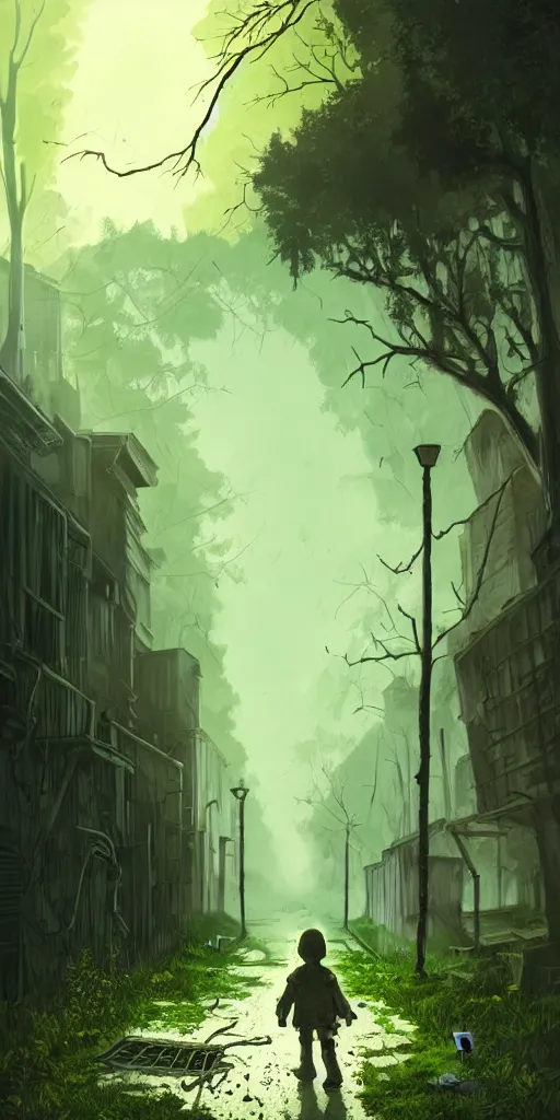 Image similar to abandoned apocalyptic old alley with a kid at the centre, trees background, epic green sunlight, perfect lightning, illustration by niko delort,