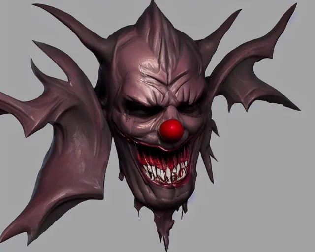 Image similar to 3d sculpt of a relief of a evil clown face with huge bat wings, skull, artstation, digital illustration, league of legends, dark souls