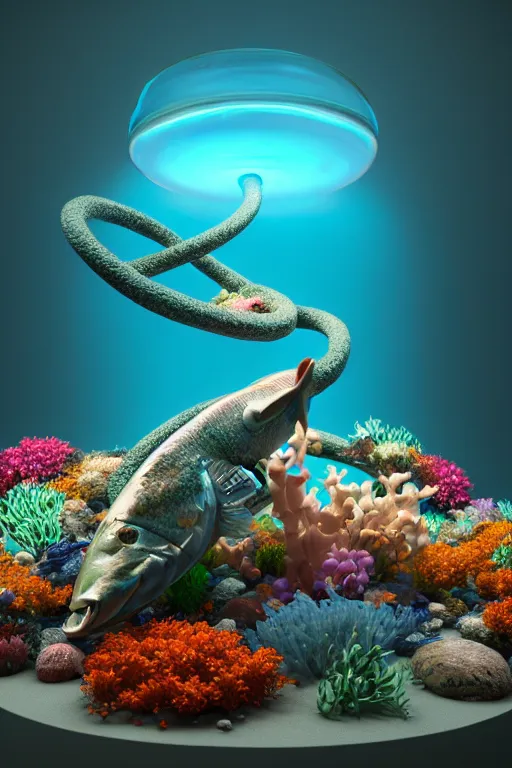 Image similar to a sculpture of fish ocean intertwined, diode lighting, a lovely cornucopia of flowers and human body parts, body parts, highly detailed, octane render, cinematic, sharp focus, clean, studio lighting