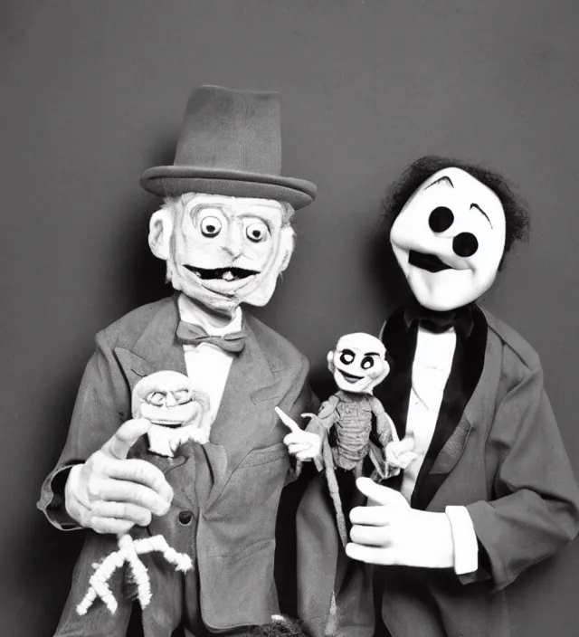 Image similar to hyper realistic old 1 9 8 0 photography of lunatic mad ventriloquist old man with terrific haunted puppet