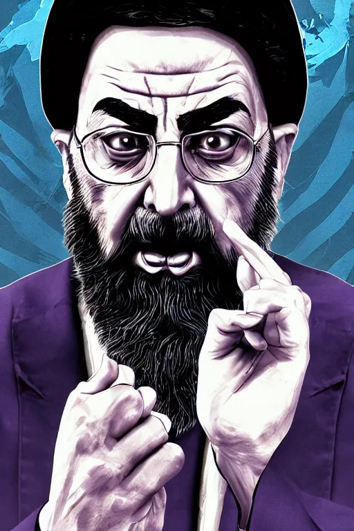 Prompt: angry ali khamenei, with index finger, clearest image, cleanest image, parallel content, hyperrealistic anatomy body content, violet polsangi pop art, gta chinatown wars art style, extreme quality masterpiece, bioshock infinite art style, incrinate, 2 color, white frame, content balance proportion
