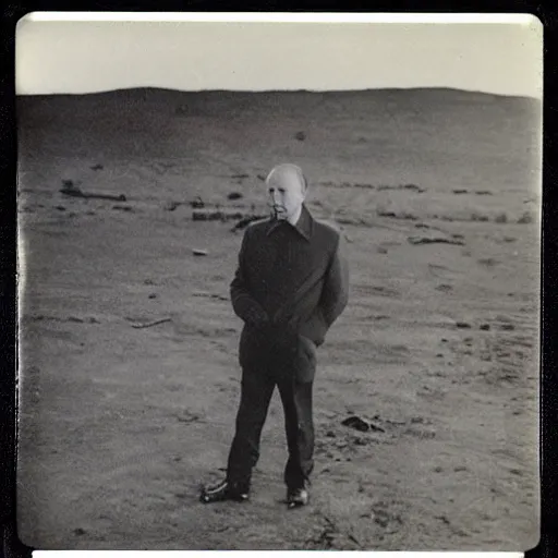 Prompt: Vladimir putin looking at an atomic bomb explosion. polaroid. bleak.