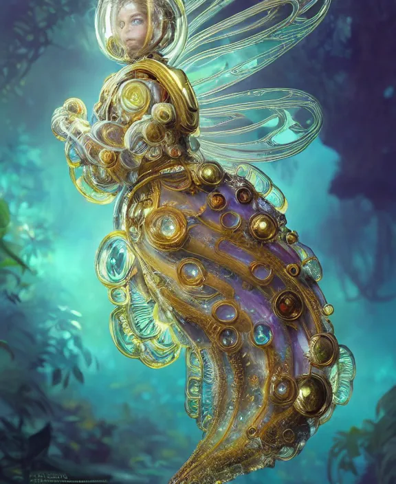 Image similar to intricate ornate opulent transparent clear see - through portrait of a beautiful male gundam alien sea slug, mottled coloring, adorable, childlike, overgrown jungle environment, ultra realistic, concept art, art nouveau, photorealistic, octane render, 8 k, unreal engine. art by christopher marley and artgerm and greg rutkowski and alphonse mucha