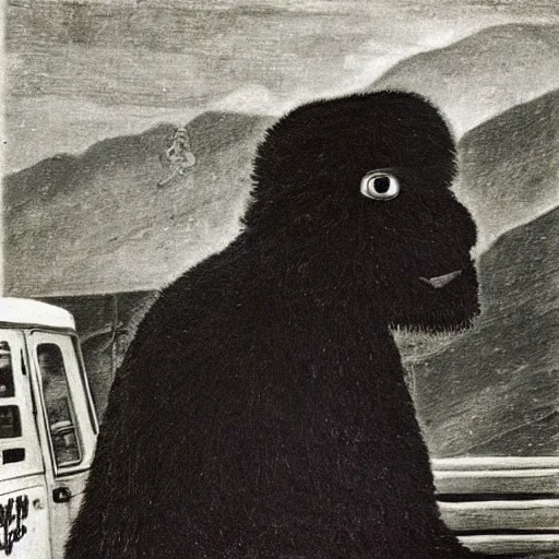 Prompt: a black monster in a gas station, vintage photography of a painting by segantini