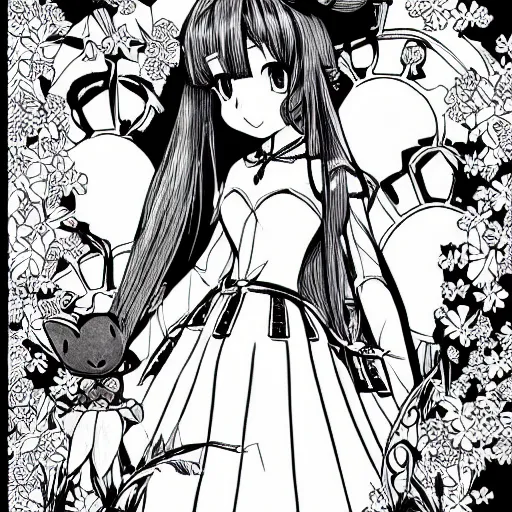 Prompt: young princess, illustrated by mato and ken sugimori, manga, black and white illustration