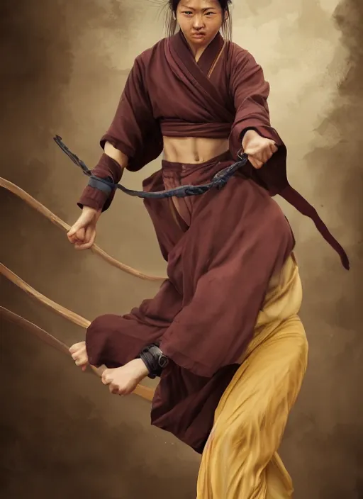 Image similar to portrait of a female drunken master monk exercising by wlop, wuxia, xianxia, drunken boxing, drunken master, weathered dark skin, athletic, playful, beautiful, fully clothed, monk's robe, detailed, realistic, anatomically accurate, fantasy illustration, artstation, wlop, hi - res, 4 k.