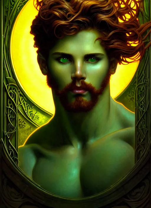 Image similar to portrait of demigod hercules, wavy auburn hair, wild board hide, glowing eyes, volumetric lights, green yellow scheme, art nouveau botanicals, gothic, intricate, highly detailed, digital painting, artstation, concept art, smooth, sharp focus, symmetric face, illustration, steampunk, art by artgerm and greg rutkowski and alphonse mucha