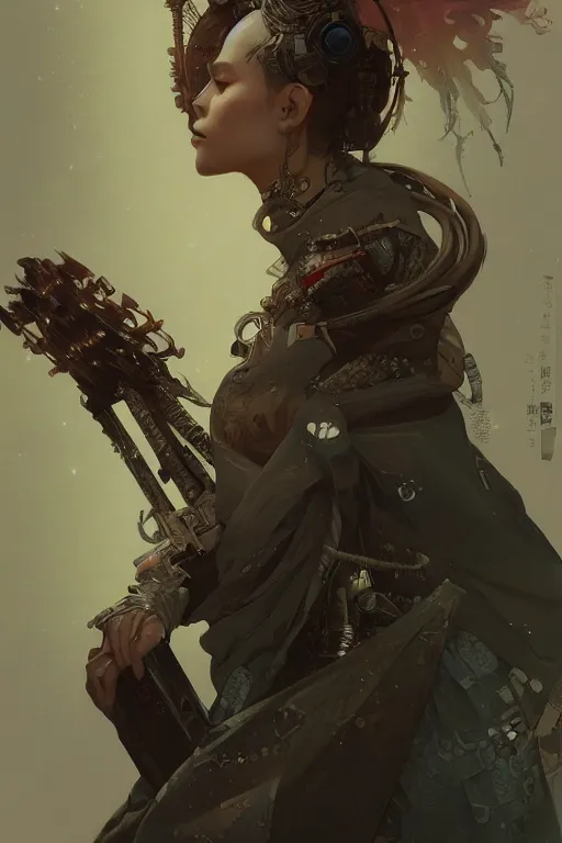 Image similar to A full portrait of a powerful beautiful futuristic dystopian junktown Japanese techromancer sorcerer enchanter, intricate, elegant, highly detailed, digital painting, artstation, concept art, smooth, sharp focus, illustration, art by Krenz Cushart and Artem Demura and alphonse mucha