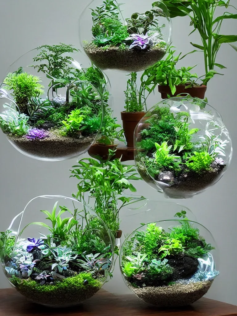 Image similar to terrarium with plants from a different planet. holographic, beautiful, ethereal