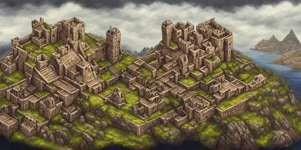 Image similar to isometric view of a dwarven fortress at the edge of a mountain range, matte oil painting, landscape, medieval fantasy, epic, capital site, smelters, forges, waterwheels, chiseled architecture, ornate, trading depots, extremely detailed, sharp focus