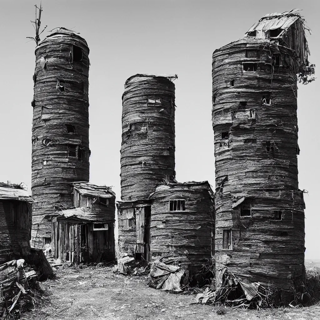 Image similar to two round towers, made up of makeshift squatter shacks, dystopia, mamiya rb 6 7, fully frontal view, very detailed, photographed by ansel adams