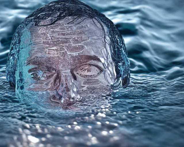 Image similar to water art manipulation of a realistic human head with open eyes burried in the ground, surreal, hyper realistic, ray tracing, realistic water, sharp focus, 8 k resolution, cinematic