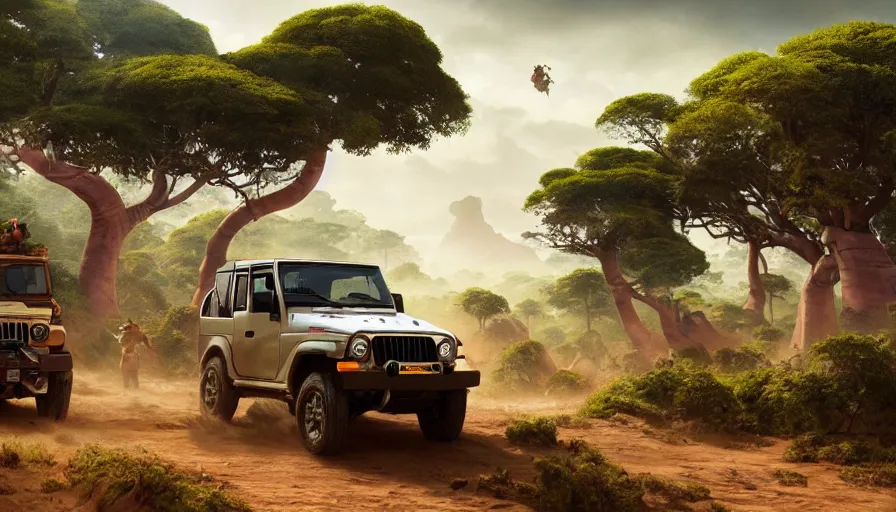 Prompt: mahindra thar driving through madagascar with baobabs trees, tribe members chasing for an attach, action scene, artgerm and greg rutkowski and alphonse mucha, an epic fantasy, volumetric light, detailed, establishing shot, an epic fantasy, trending on art station, octane render, midsommar