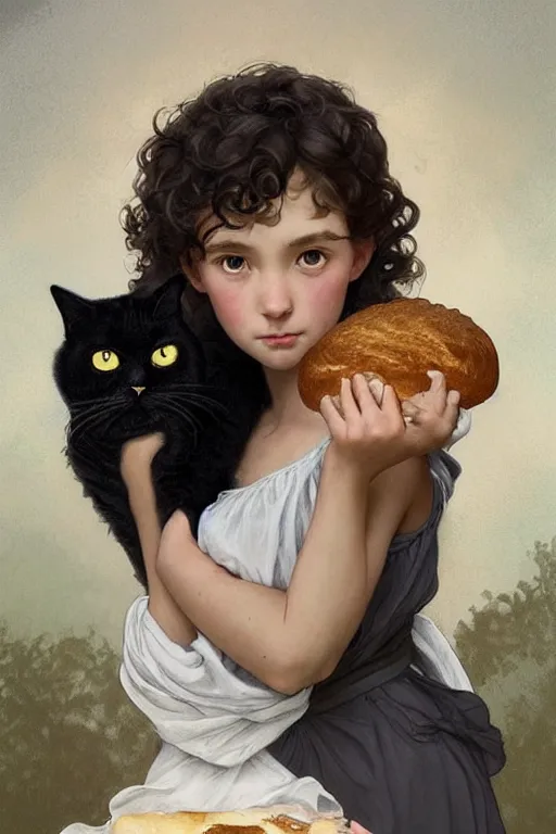 Image similar to beautiful cottagecore of a girl with short black curly hair, round face, cute face, holding a loaf of bread. There's also a black cat on her shoulder. intricate, elegant. highly detailed, digital painting, artstation, concept art, smooth, sharp, focus, illustration. . art by artgerm and greg rutkowski and alphonse mucha