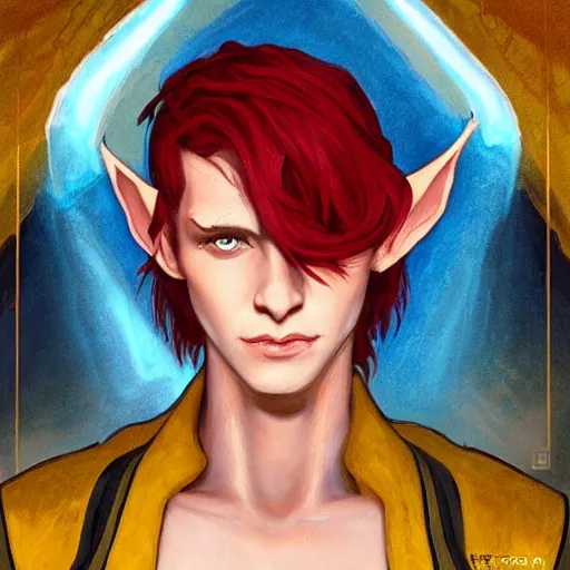 Prompt: dnd character portrait of a beautiful and androgynous half - elf with messy short red hair and catlike features and dark skin and yellow eyes with slit pupils, glowing, golden hour, wearing a colorful men's suit, realistic painting by ross tran and gerald brom and alphonse mucha, trending on artstation