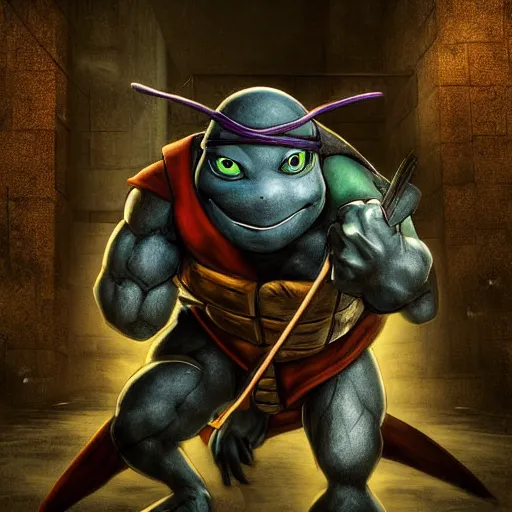 Image similar to ninja turtle raphael dim studio lighting, at night, ( ( photograph ) ), moody, realistic, detailed, low light, skin tinted a warm tone, light blue filter highly detailed, painting, red and black color palette, intricate, high quality anime artstyle, scenic view