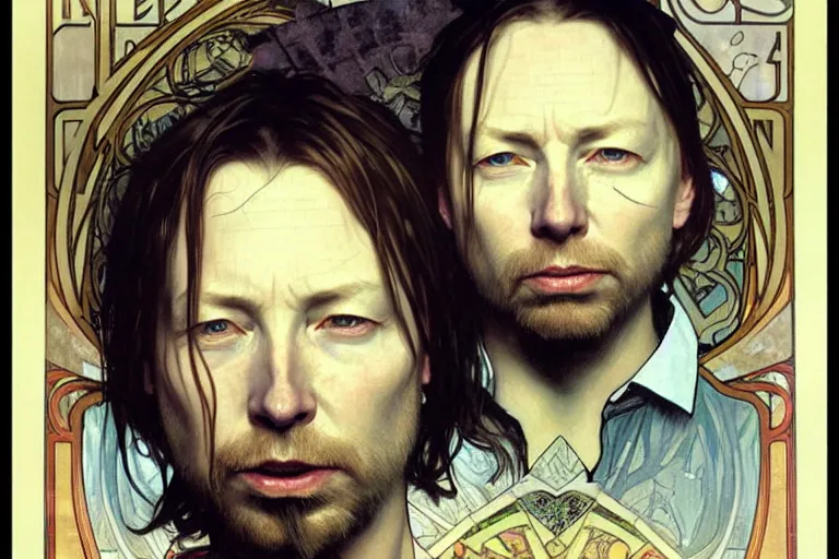 Prompt: hyper realistic portrait of wider faced thom singer songwriter yorke, by lee bermejo, alphonse mucha and greg rutkowski