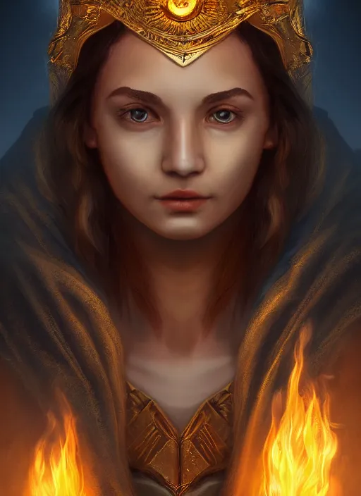 Prompt: Portrait of a beautiful priestess from the oracle of Delphi, looking into the flames, greek mythology, high face detail, digital art, trending on artstation, dramatic lighting,