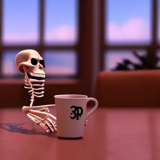 Image similar to 3d render pixar cartoon skeleton drinking a cup of coffee, hd octane render