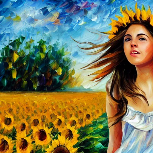 Image similar to a girl in amazing tall sunflower field, her hair flowing down, subtle, intricate details, real masterpiece, oil on canvas, by leonid afremov