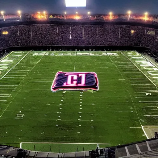 Prompt: Cellphone photo from the stands of a football stadium. An alien spacecraft lands on the field during a game