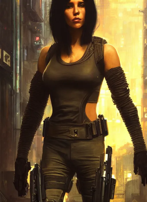 Image similar to lana kane. cyberpunk mercenary in a military vest ( blade runner 2 0 4 9, cyberpunk 2 0 7 7 ). orientalist portrait by john william waterhouse and james gurney and theodore ralli and nasreddine dinet, oil on canvas. cinematic, hyper realism, realistic proportions, dramatic lighting, high detail 4 k