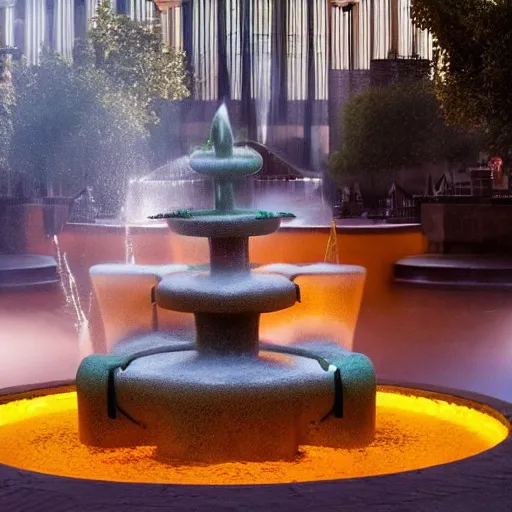 Image similar to magical potions floating in a mystical brutalist space while fountains flow out of oranges