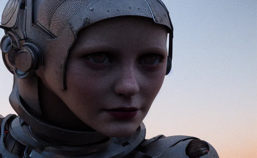 Image similar to octane render photographic portrait by helen levitt of two loving female androids wearing rugged black mesh techwear on a desolate plain, extreme closeup, modern cyberpunk, dust storm, 8 k, hd, high resolution, 3 5 mm, f / 3 2, ultra realistic faces, trending on artstation, ex machina