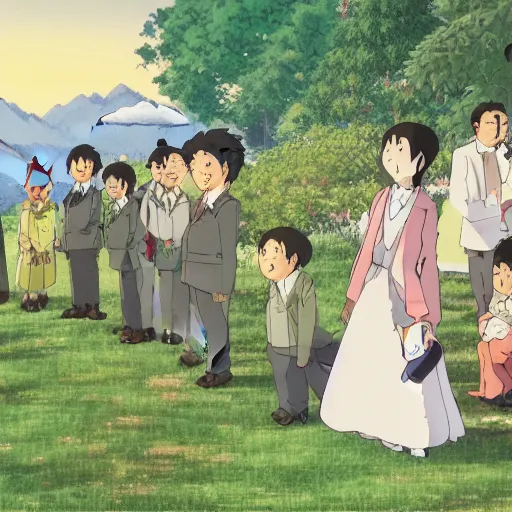 Image similar to STUDIO GHIBLI | a wedding at the farm, happy antropomorphic farm animals wearing wedding suits and robes, extended family, outside, mountain background, by Studio Ghibli, still picture, perfect movie shot, animation masterpiece, composition, frame